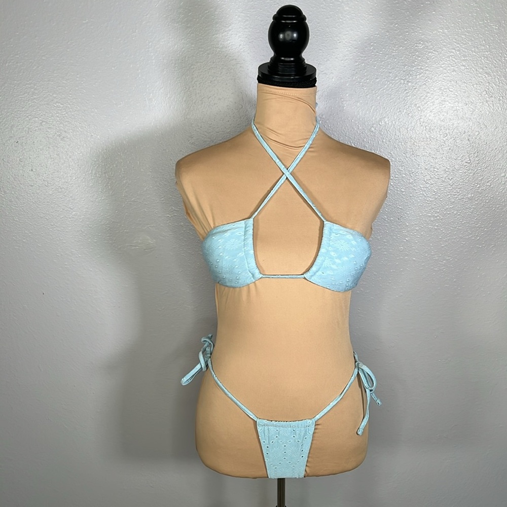 Light Blue pastel Embroidered Cutout criss cross tie micro Bikini XS| coquette